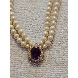 Avon Faux Pearl And Purple Stone Necklace
